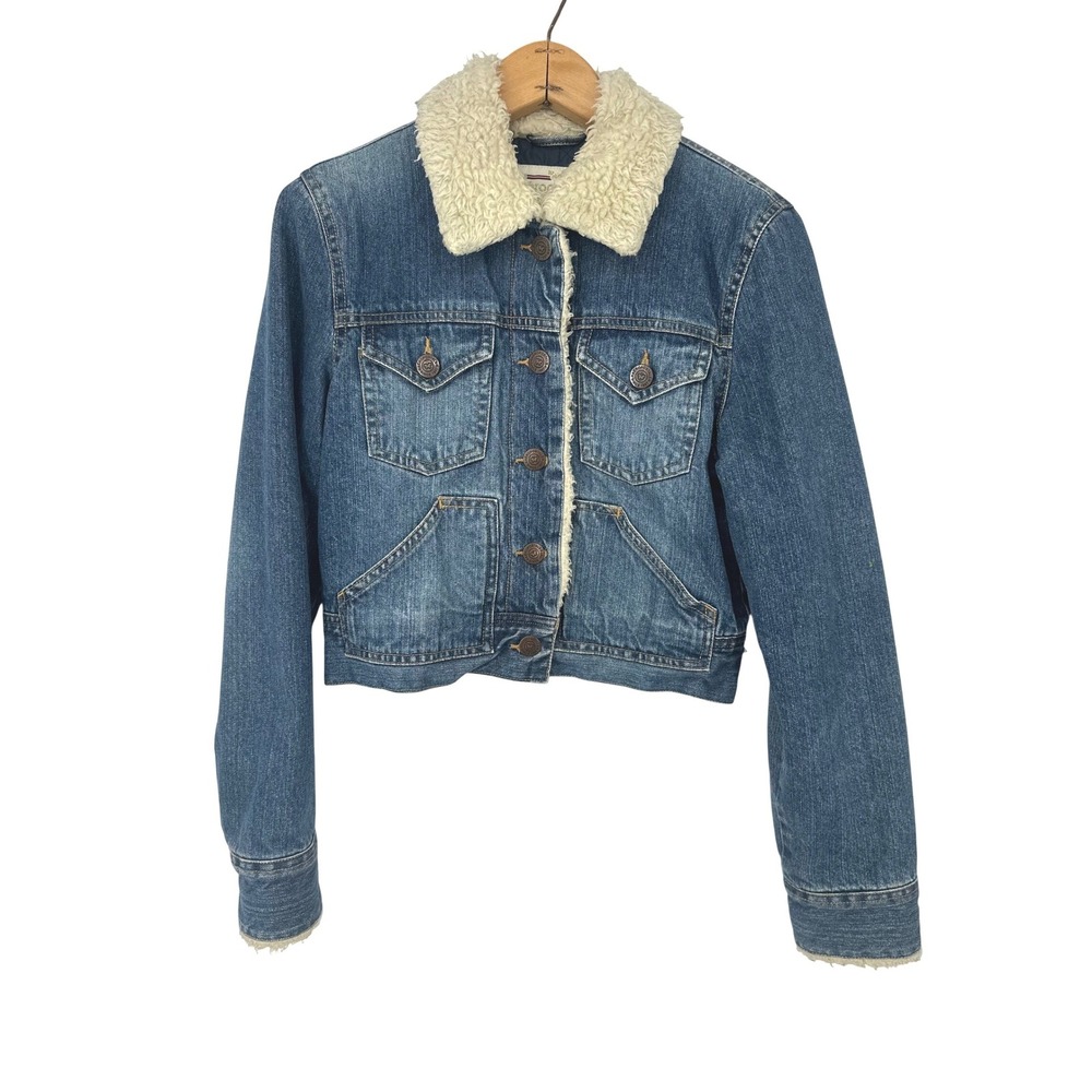 Vintage Aeropostale Jacket Women M Blue Denim Sherpa Collar Cropped Trucker Y2K